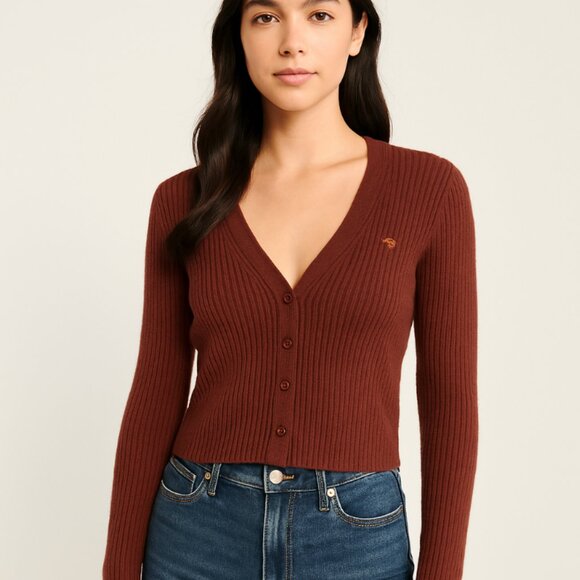 Abercrombie & Fitch Cashmere Feel Ribbed Button Cardigan Sweater Brown Small - Picture 1 of 9